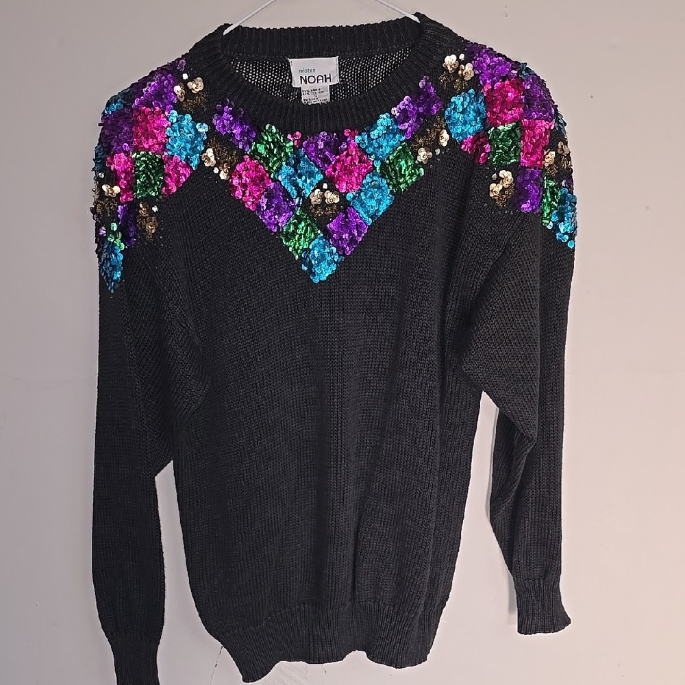 VINTAGE Black Crew Neck Sweater with Vibrant Sequin Pattern